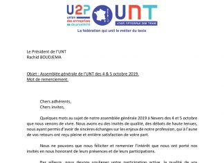 Assemblée Générale de l’UNT des 4 & 5 Octobre 2019 – Mot de remerciement du Président