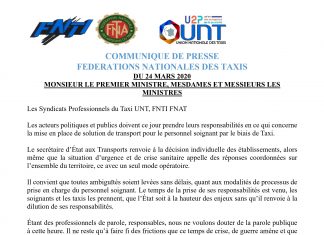 Communiqué UNT FNTI FNTA – Mobilisation Taxis COVID-19