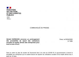 Prolongement des possibilités de report des cotisations sociales et impôts directs des entreprises